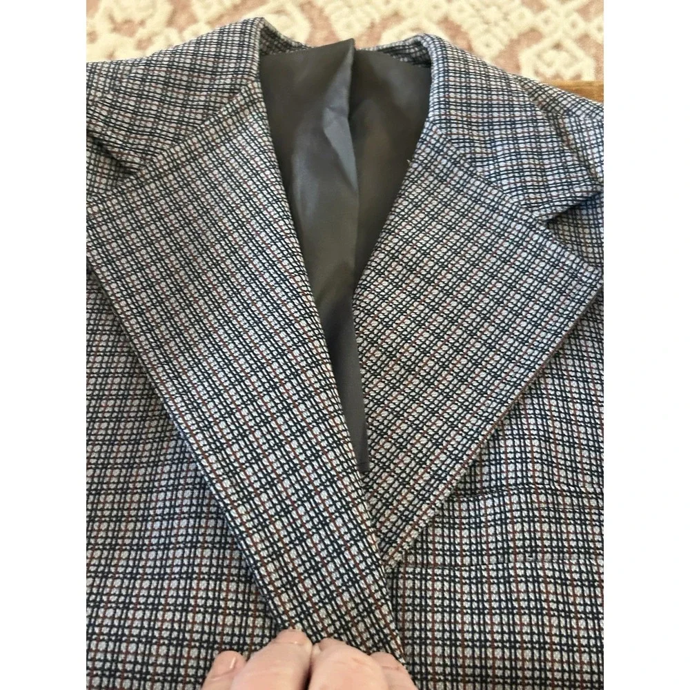 Vtg 70s Blue Gray Maroon Plaid Double Knit Golf Sport Coat Jacket Blazer 40 L